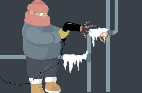 a cartoon of a man melting frozen pipes with a hair dryer