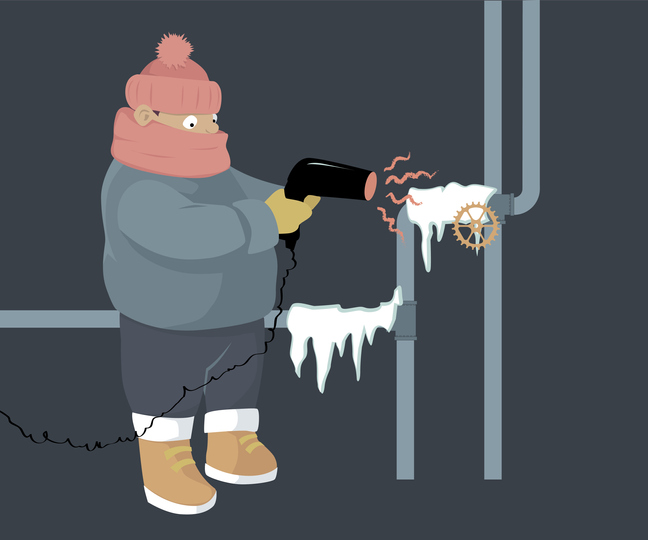 a cartoon of a man melting frozen pipes with a hair dryer