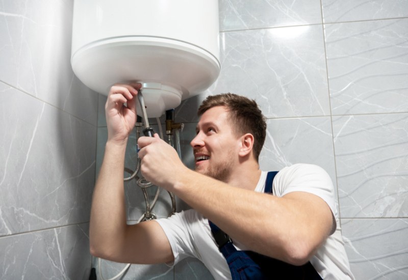A Technician fixing water heater in home at Seattle, WA