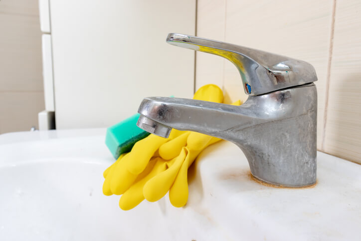 sink faucet with cleaning supplies sitting next to it