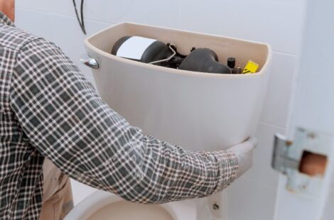 Repairing man working with toilet tank in bathroom, closeup
