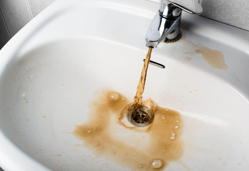 Dirty brown water running into a white sink. Looks very unhealthy,