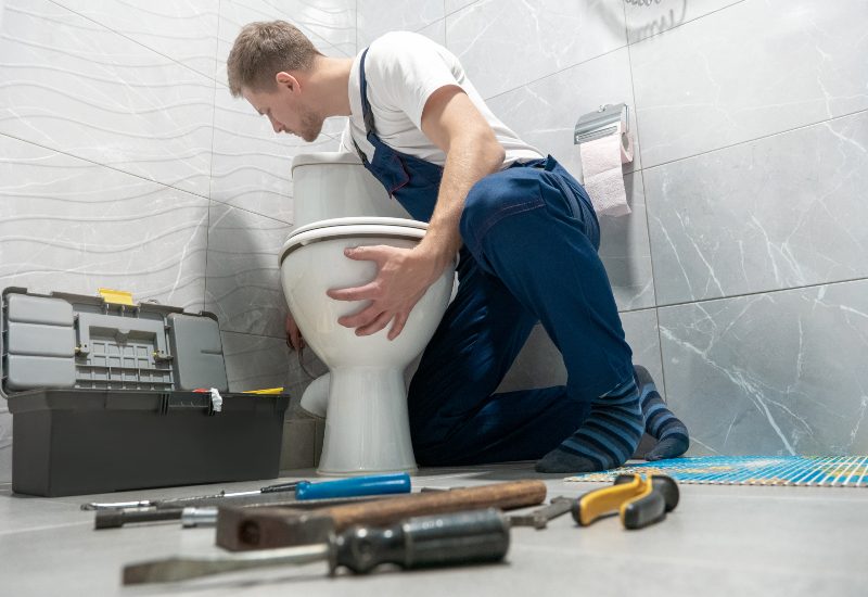 Plumbing technician repairing toilet
