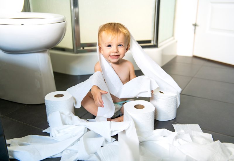 A Toddler ripping up toilet paper in bathroom