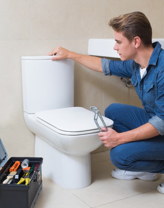 Plumber ensuring proper toilet install