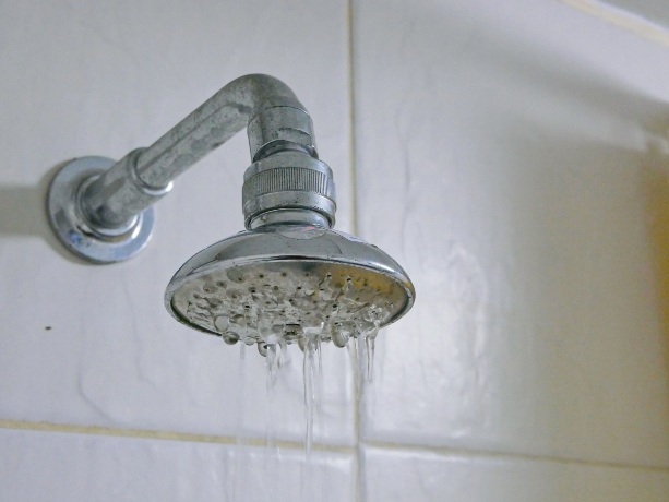 Close up of a clogged shower head with low water pressure