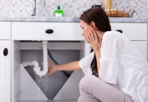 A woman trying to stop a plumbing emergency in Seattle, Washington