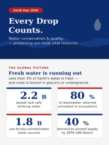 Infographic titled 'Global Water Crisis by the Numbers' showing four key statistics: 2.2 billion people lack safe drinking water, 80% of wastewater is returned to nature untreated, 1.8 billion use fecally-contaminated water sources, and 40% supply gap projected by 2030. Published by Puget Sound Plumbing for Earth Day 2026.