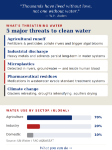  Infographic titled '5 Major Threats to Clean Water' listing agricultural runoff, industrial discharge, microplastics, pharmaceutical residues, and climate change as the leading causes of global water quality degradation. Includes a bar chart showing global water use by sector: agriculture 70%, industry 20%, domestic 10%. Published by Puget Sound Plumbing for Earth Day 2026.